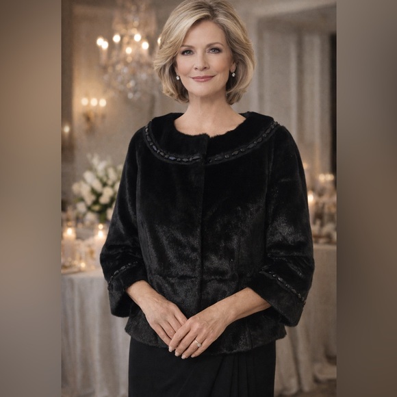 Terry Lewis Classic Luxuries Jackets & Blazers - Terry Lewis Classic Luxuries Cropped Faux Fur Black Beaded Jacket Sz M Formal